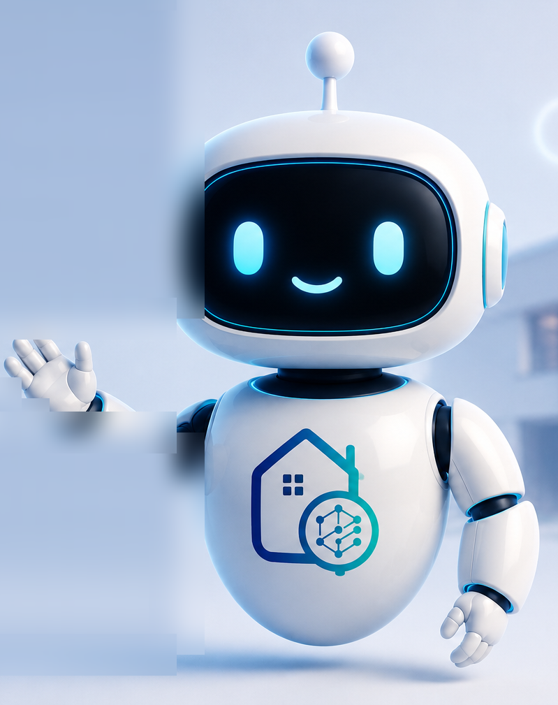 Der DOMUVIS-Assistent — ein freundlicher weißer Roboter mit dem DOMUVIS-Logo auf der Brust
